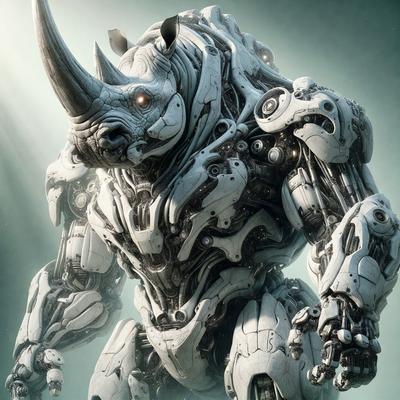 The primary subject of the image is a large, white, futuristic robot with a rhinoceros head. The robot is standing on a surface that appears to be a combination of a blue and green background. The visual style of the image is digital art, as it is a detailed and intricate representation of the robot. The colors and mood of the image are predominantly blue and green, giving it a futuristic and technological atmosphere.